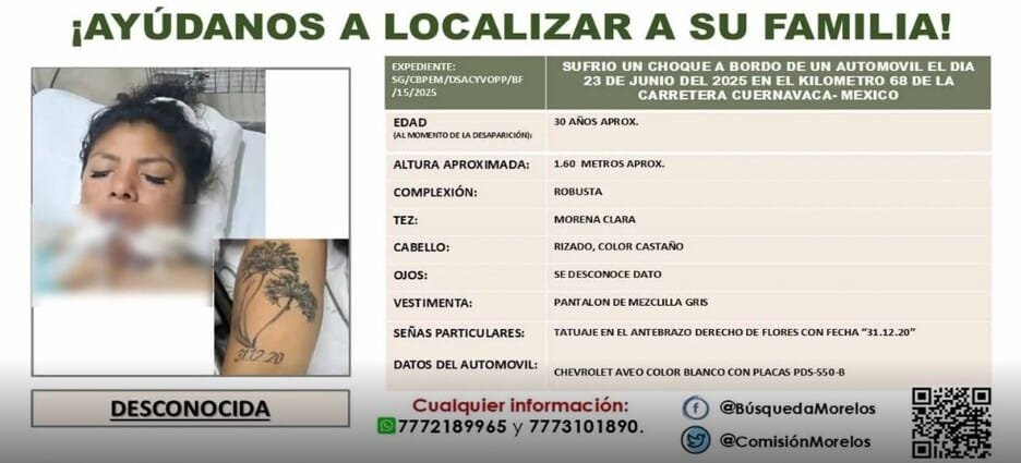 Buscan a pariente de mujer que permanece en coma tras accidente en la México-Cuernavaca